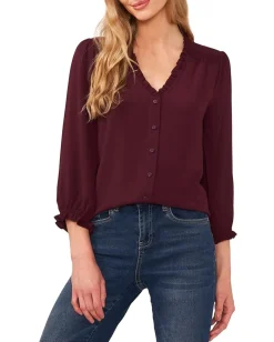 CeCe 3/4 Sleeve Button Front Blouse Rich Cabernet Discount