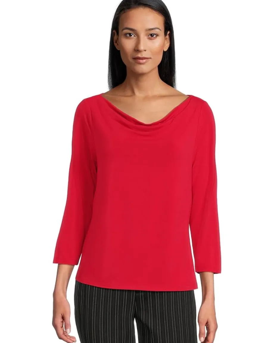 Liverpool Los Angeles 3/4 Sleeve Draped Neck Knit Top Tango Red Clearance