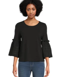 Liverpool Los Angeles 3/4 Sleeve Embroidered Knit to Woven Top Black Clearance