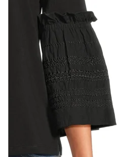 Liverpool Los Angeles 3/4 Sleeve Embroidered Knit to Woven Top Black Clearance