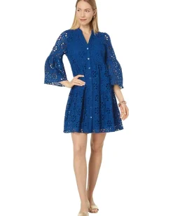 Lilly Pulitzer 3/4 Sleeve Hazelanne Eyelet Dress Oyster Bay Navy Funflower Eyelet Hot