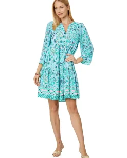 Lilly Pulitzer 3/4 Sleeve Martine Dress Frenchie Blue Mosaic Shells Engineered Dress Outlet