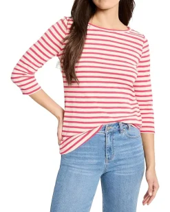 NIC+ZOE 3/4 Sleeve Stripe Boat Tee Pink Multi 2 Clearance