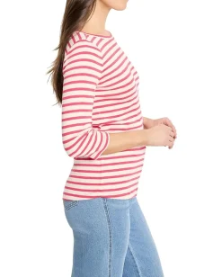 NIC+ZOE 3/4 Sleeve Stripe Boat Tee Pink Multi 2 Clearance