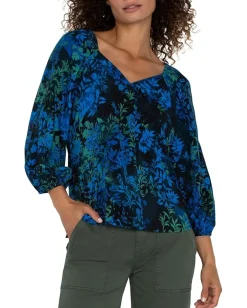 Liverpool Los Angeles 3/4 Sleeve Sweetheart Neck Woven Blouse Blue Topaz Multi