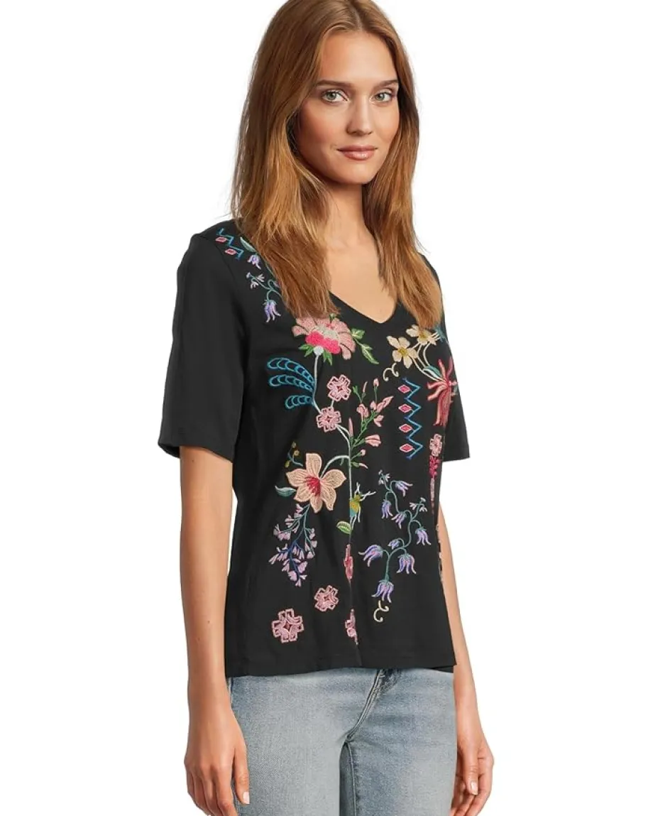 Johnny Was 3/4 Sleeve Trapunto V-neck Tee Black Online