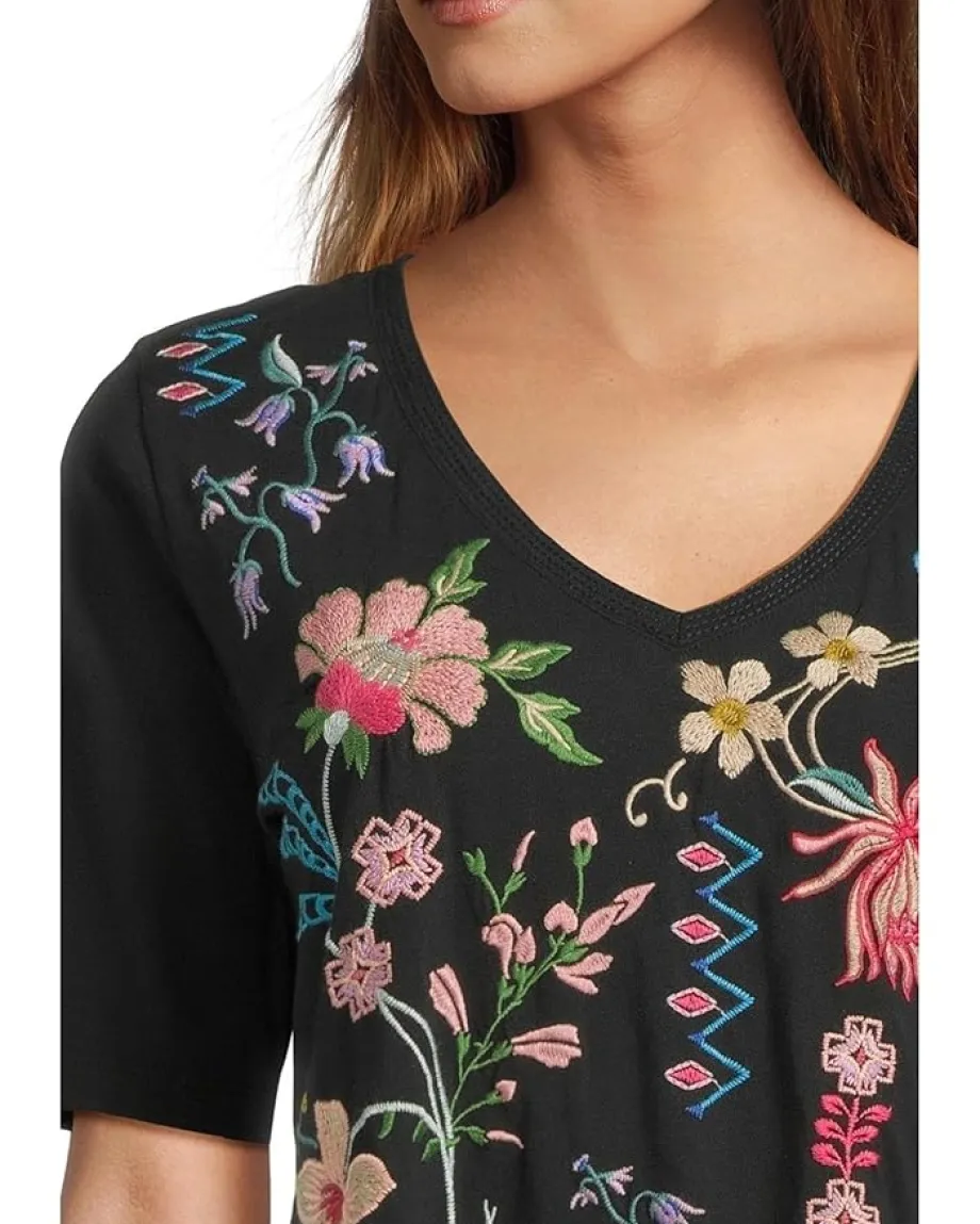 Johnny Was 3/4 Sleeve Trapunto V-neck Tee Black Online