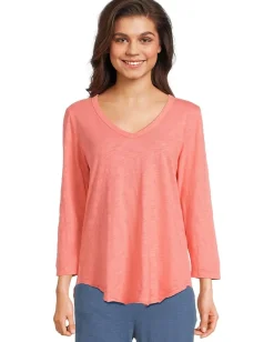 Mod-o-doc 3/4 Sleeve V-Neck Tee with Curved Hem Coral Bliss Discount