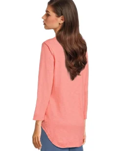 Mod-o-doc 3/4 Sleeve V-Neck Tee with Curved Hem Coral Bliss Discount