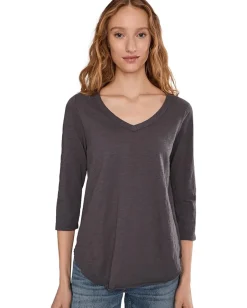Mod-o-doc 3/4 Sleeve V-Neck Tee with Curved Hem Washed Ebony1 Discount