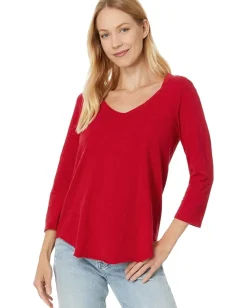 Mod-o-doc 3/4 Sleeve V-Neck Tee with Curved Hem Ruby Red New