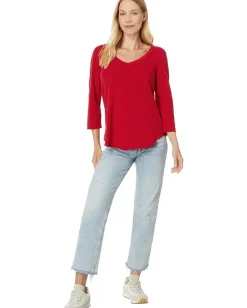 Mod-o-doc 3/4 Sleeve V-Neck Tee with Curved Hem Ruby Red New