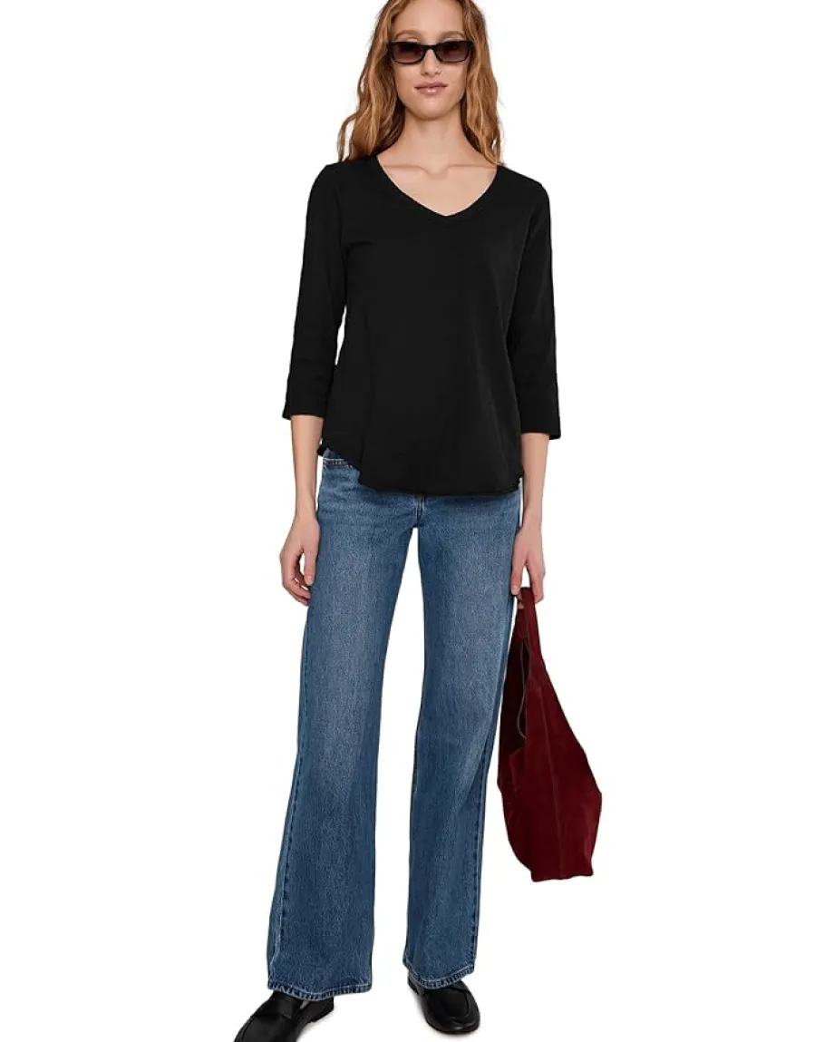 Mod-o-doc 3/4 Sleeve V-Neck Tee with Curved Hem Black1 Sale