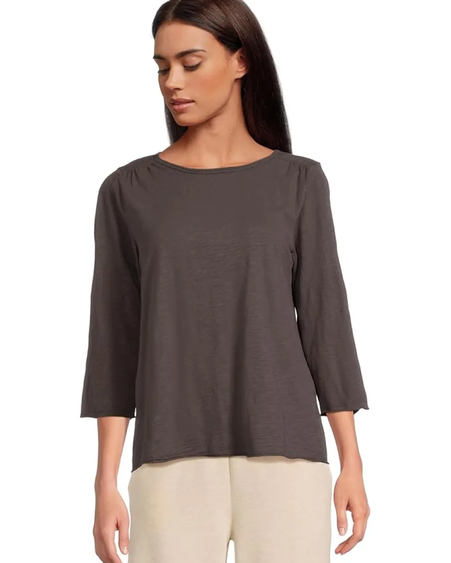 Mod-o-doc 3/4 Sleeve Waffle Mix Media Open Crew Neck Tee Washed Ebony Hot