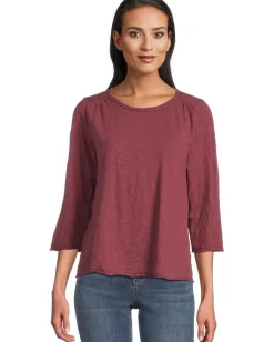 Mod-o-doc 3/4 Sleeve Waffle Mix Media Open Crew Neck Tee Zinfandel New