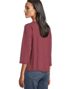 Mod-o-doc 3/4 Sleeve Waffle Mix Media Open Crew Neck Tee Zinfandel New