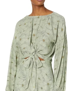 WAYF Aliso Knotted Long Sleeve Top Olive Daisies Online