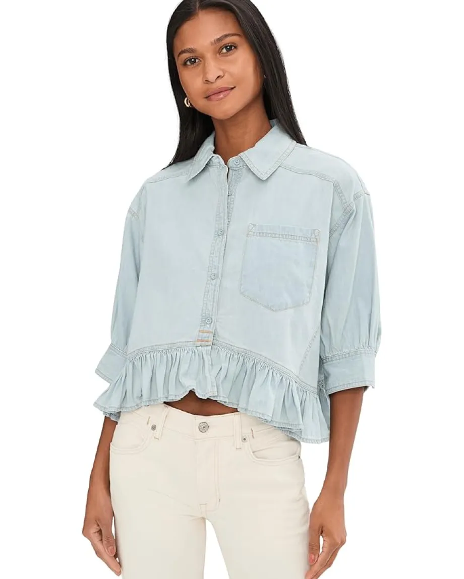 Free People Bailey Denim Shirt Light Tint Wash Sale