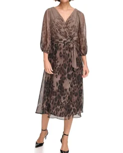 DKNY Balloon Sleeve Faux Wrap Dress Brown Multi Outlet