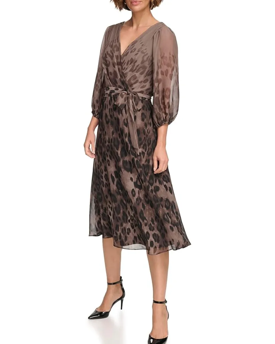 DKNY Balloon Sleeve Faux Wrap Dress Brown Multi Outlet