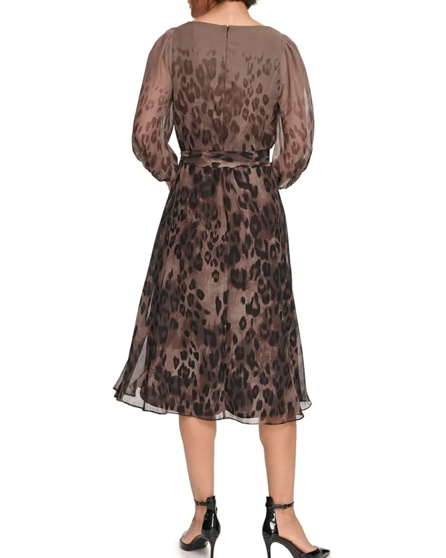 DKNY Balloon Sleeve Faux Wrap Dress Brown Multi Outlet