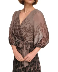 DKNY Balloon Sleeve Faux Wrap Dress Brown Multi Outlet