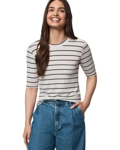 Splendid Bamboo Stripe Quarter Sleeve Tee Oak Heather/Lead New