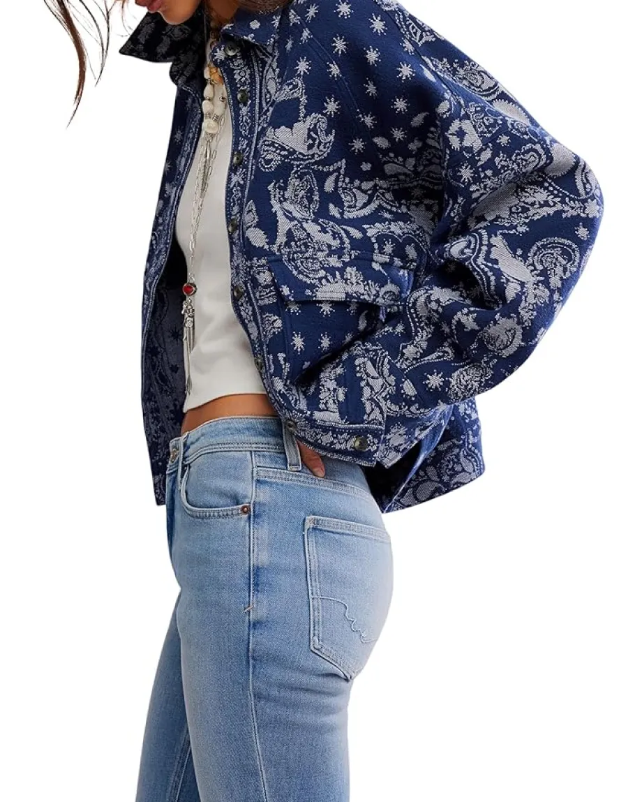 Free People Bandana Jacquard Shirt Indigo Combo Sale