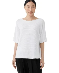 Eileen Fisher Bateau Neck Elbow Sleeve Pullover White Hot