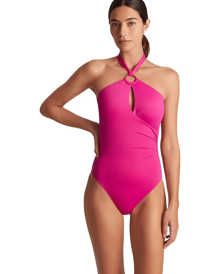 Lauren Ralph Lauren Beach Club Solid Macrame Ring High Neck One-Piece Freesia Outlet