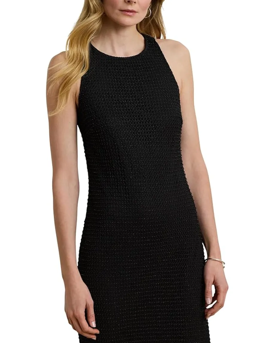 Lauren Ralph Lauren Beaded Netting Sleeveless Cocktail Dress Black Sale