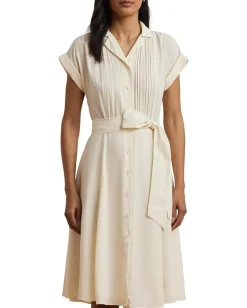 Women Lauren Ralph Lauren Belted Crepe Pintucked Shirtdress