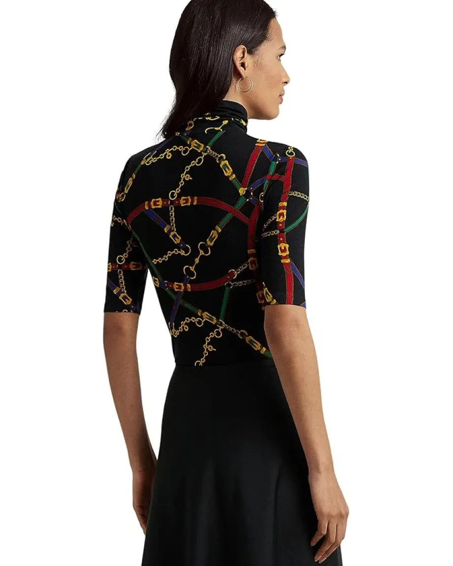 Lauren Ralph Lauren Belting-Print Stretch Jersey Turtleneck Black/Blue Multi