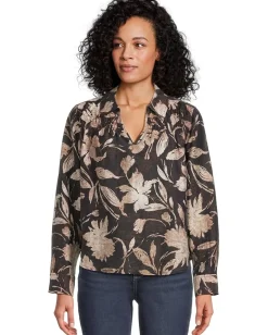 Tommy Bahama Bloom Beauty Long Sleeve Popover Top Black Clearance