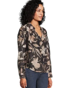 Tommy Bahama Bloom Beauty Long Sleeve Popover Top Black Clearance