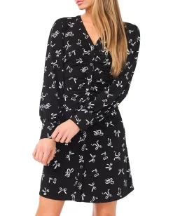 CeCe Bow Print Button Front Shirred Knit Dress Rich Black Online