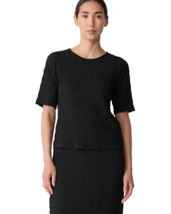 Eileen Fisher Bubble Jacquard Crew Neck Snug Knit Top Black Outlet