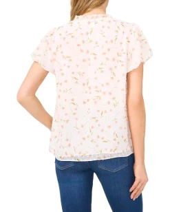 Women CeCe Bubble Sleeve Split Neck Blouse With Tie