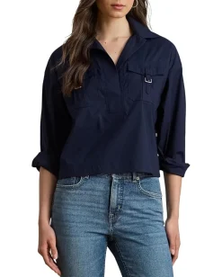 Lauren Ralph Lauren Buckle-Trim Cotton-Blend Shirt Lauren Navy New