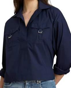 Lauren Ralph Lauren Buckle-Trim Cotton-Blend Shirt Lauren Navy New