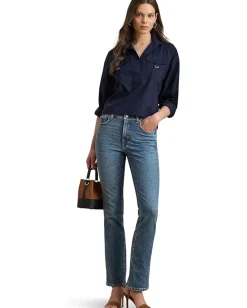 Lauren Ralph Lauren Buckle-Trim Cotton-Blend Shirt Lauren Navy New