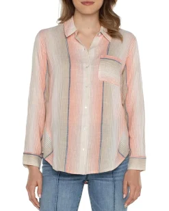 Liverpool Los Angeles Button Front Shirt with 3/4 Sleeve Ombre Woven Stripe Orange Tan Multi Sale
