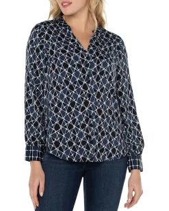 Liverpool Los Angeles Button Front Shirt with Banded Collar Stargazing Twin Print Clearance