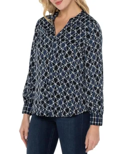 Liverpool Los Angeles Button Front Shirt with Banded Collar Stargazing Twin Print Clearance