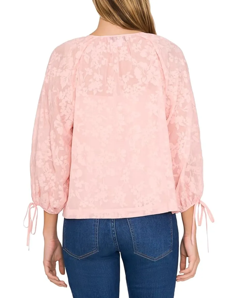 Women CeCe Button Up Top W/ Puff Sleeves & Front Tie