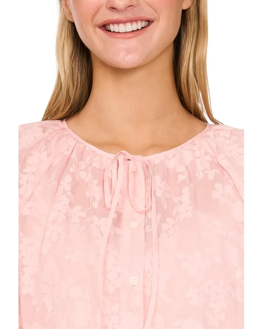 Women CeCe Button Up Top W/ Puff Sleeves & Front Tie