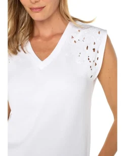 Liverpool Los Angeles Cap Sleeve Dolman V-neck Knit Top With Embroidery White/Embroidery Online
