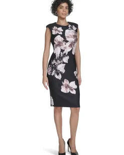 Calvin Klein Cap Sleeve Floral Scuba Sheath Black/Luggage Multi