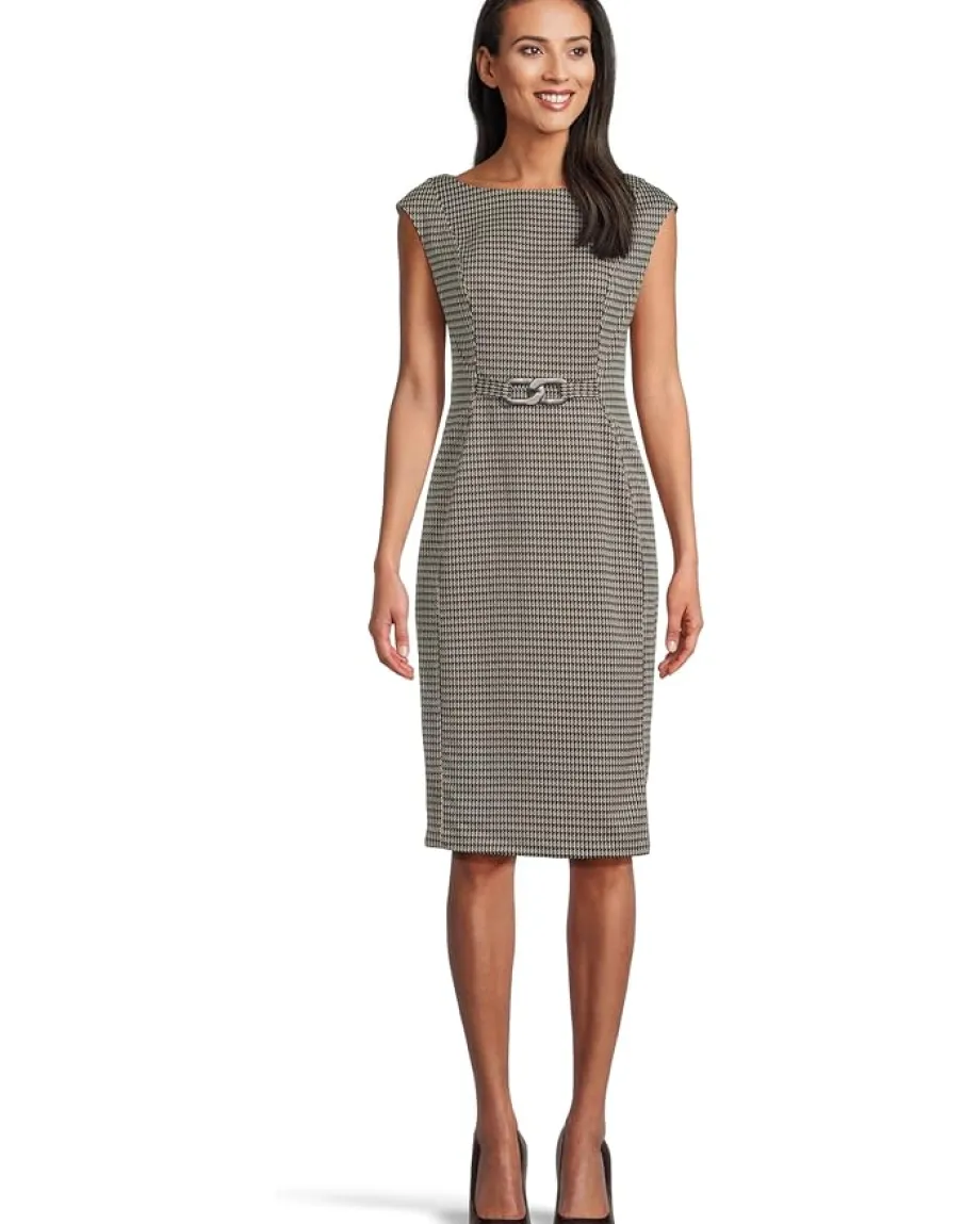 Women Calvin Klein Cap Sleeve Ponte Belted Sheath