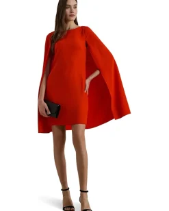 Lauren Ralph Lauren Cape Georgette Cocktail Dress Bright Vermilion